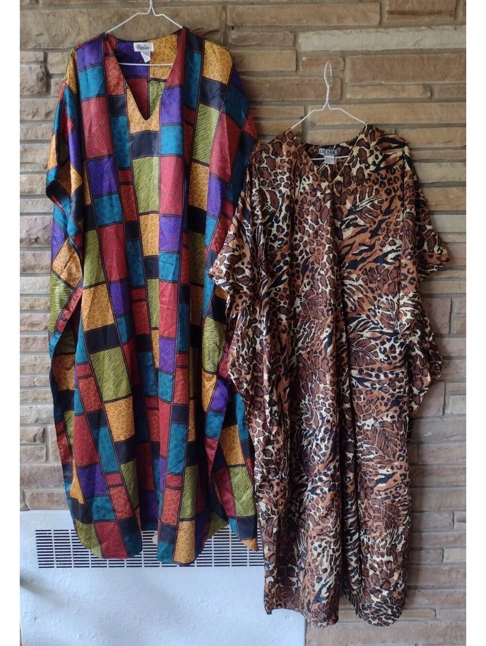 Vintage Womens Caftan Lot 2 One Size Animal Print Satin Lounge Maxi Dresses